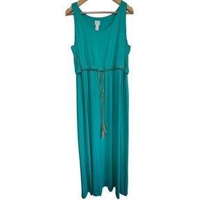 Chicos Sleeveless Drawstring Maxi Dress Womens 3 XL Teal Blue Braided Tassels
